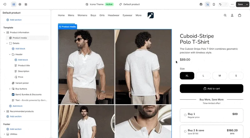 Adding the Icona Virtual Try On block to the Default product template in the Shopify theme editor