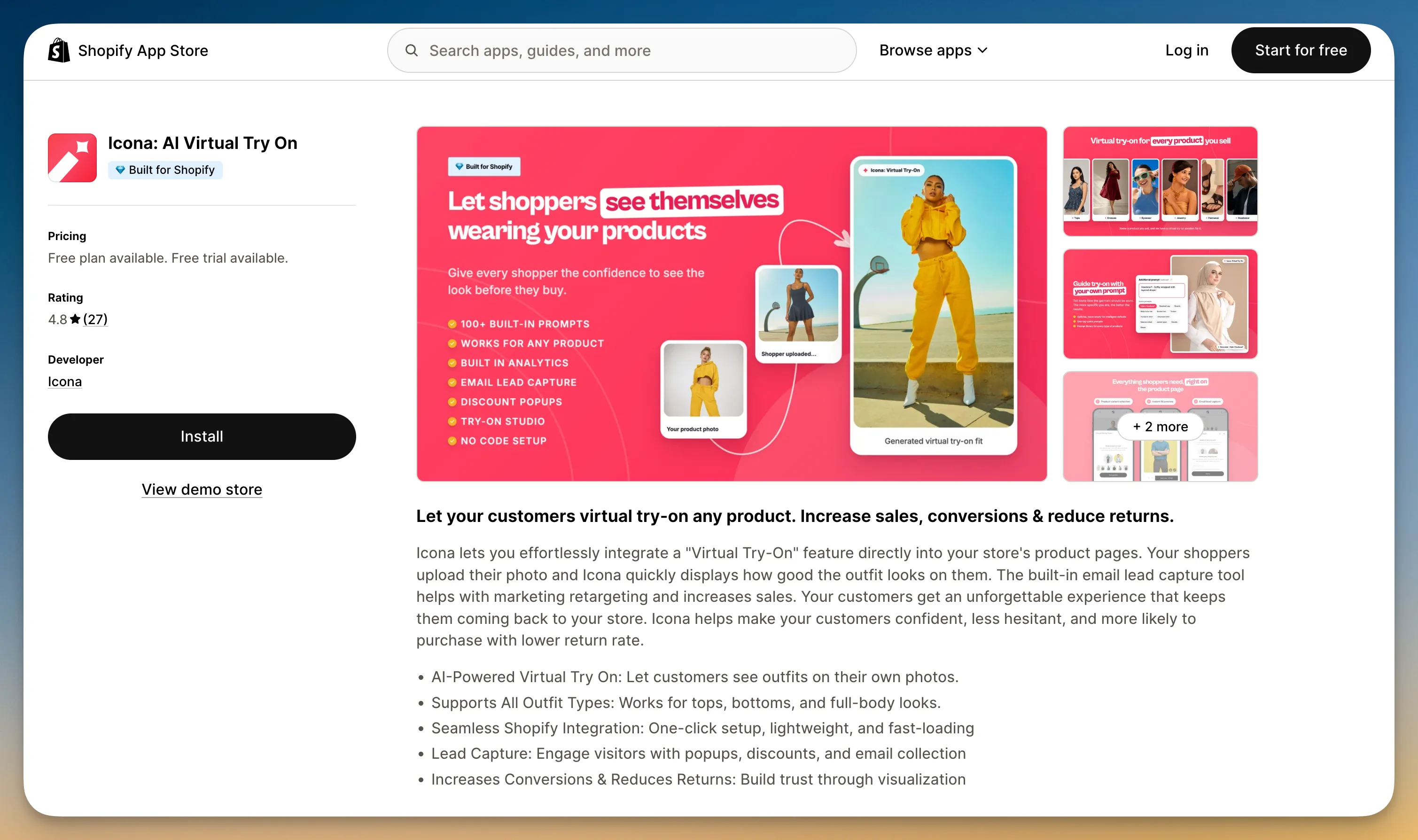 Icona: AI Virtual Try On listing on the Shopify App Store, with the Install button