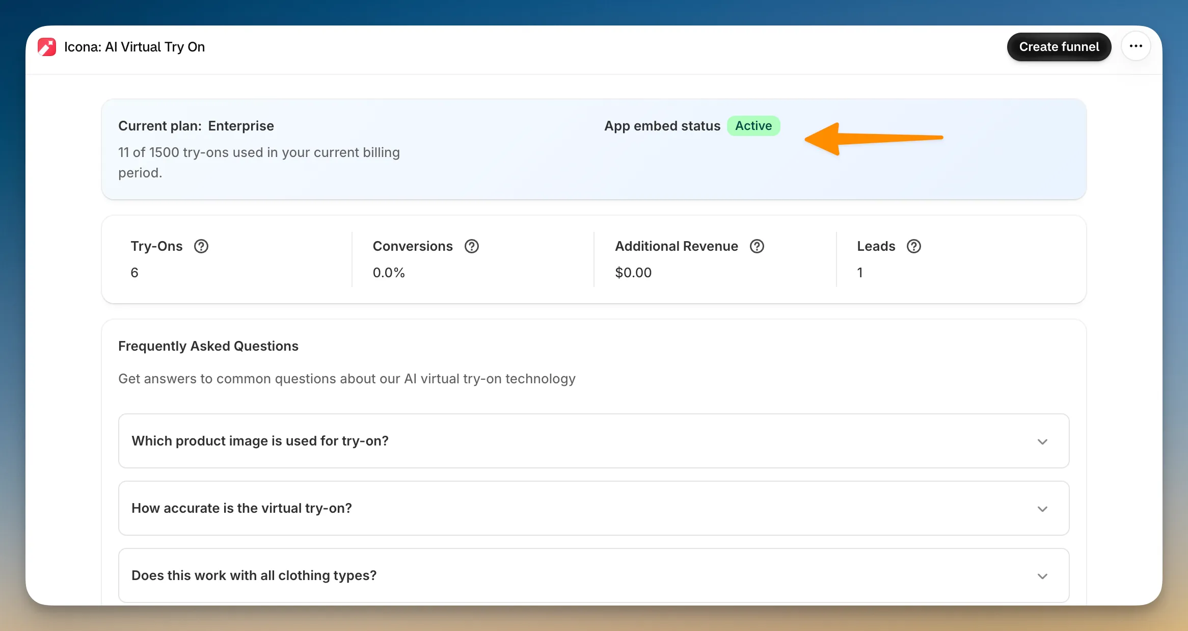 Icona home page in the Shopify admin, with App embed status showing Active next to the current plan