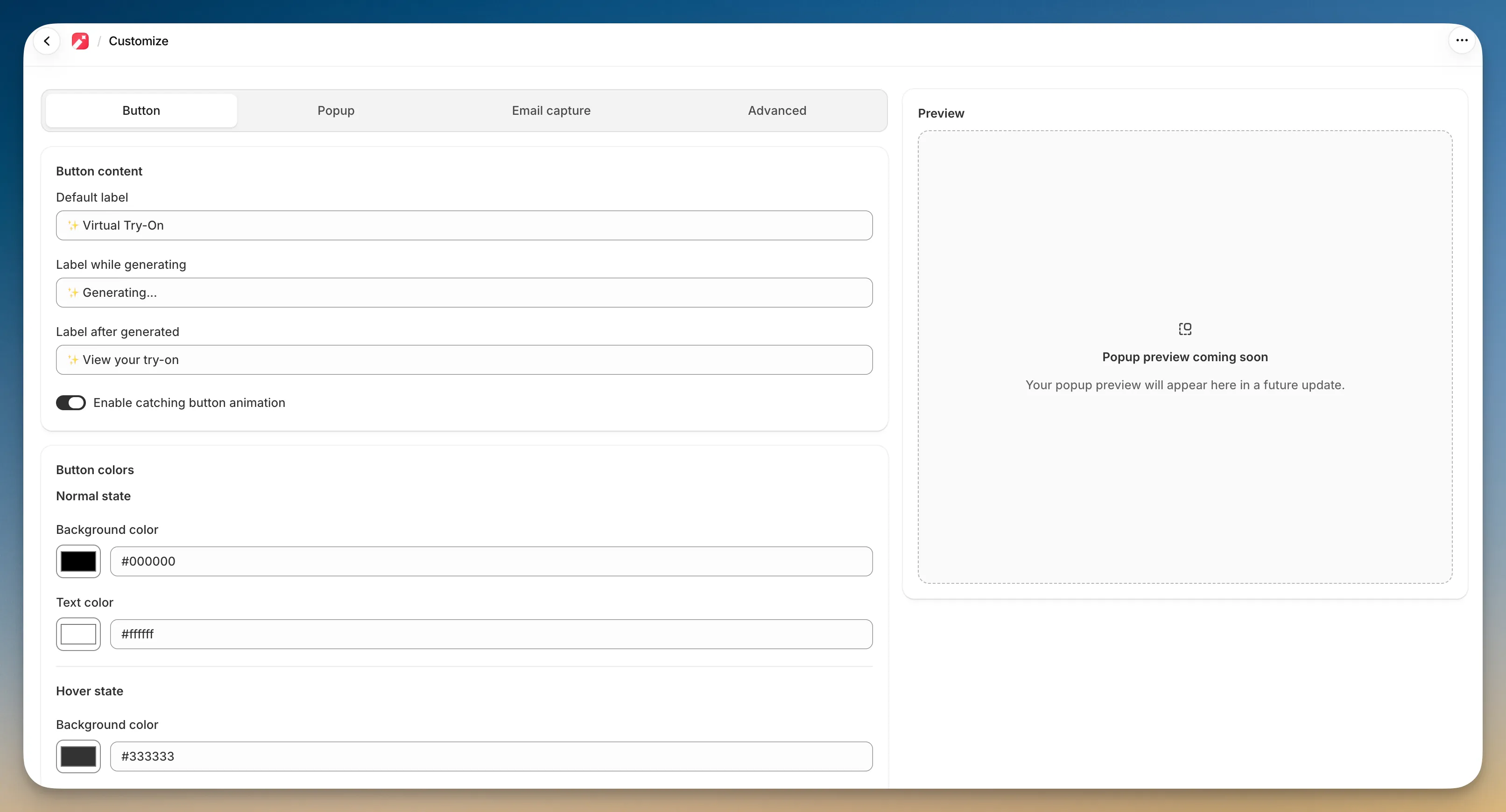 Customize page in the Icona app on the Button tab, showing the Button content labels and the Button colors for the normal and hover states