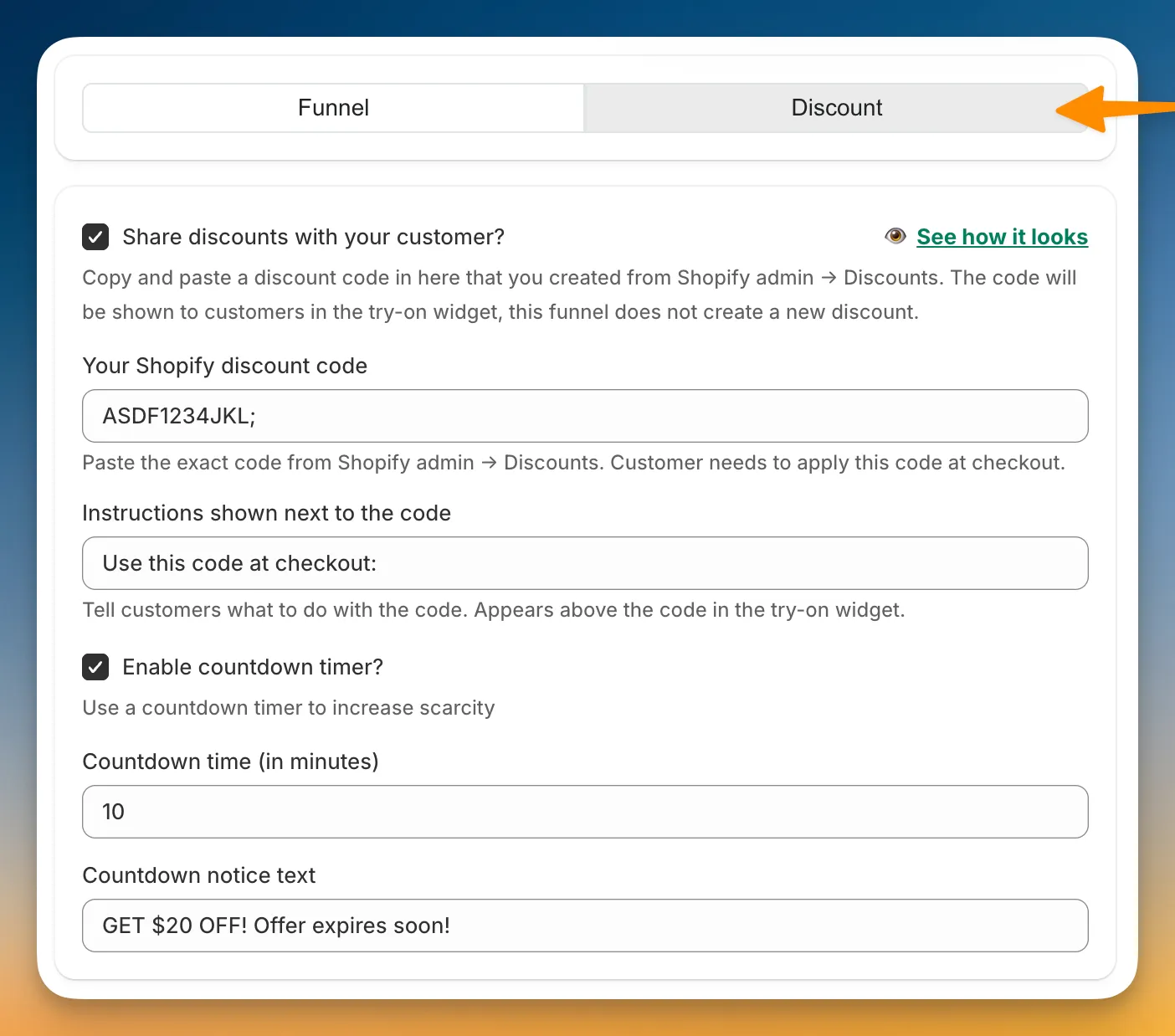 Discount tab of a funnel in the Icona app, with Share discounts with your customer turned on, a discount code and instructions filled in, and the countdown timer enabled for 10 minutes