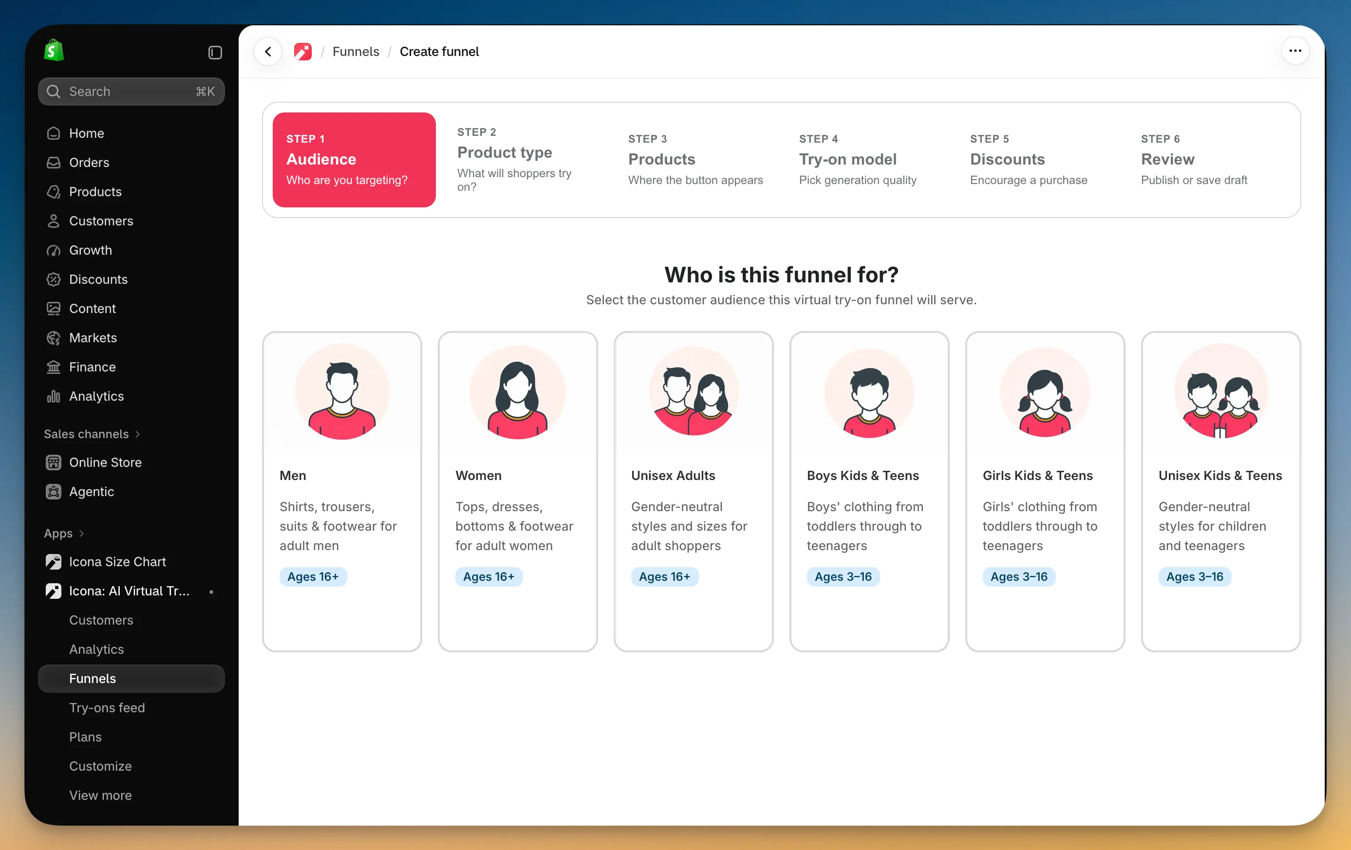 Create funnel page in the Icona app, showing the six funnel steps and the Audience options