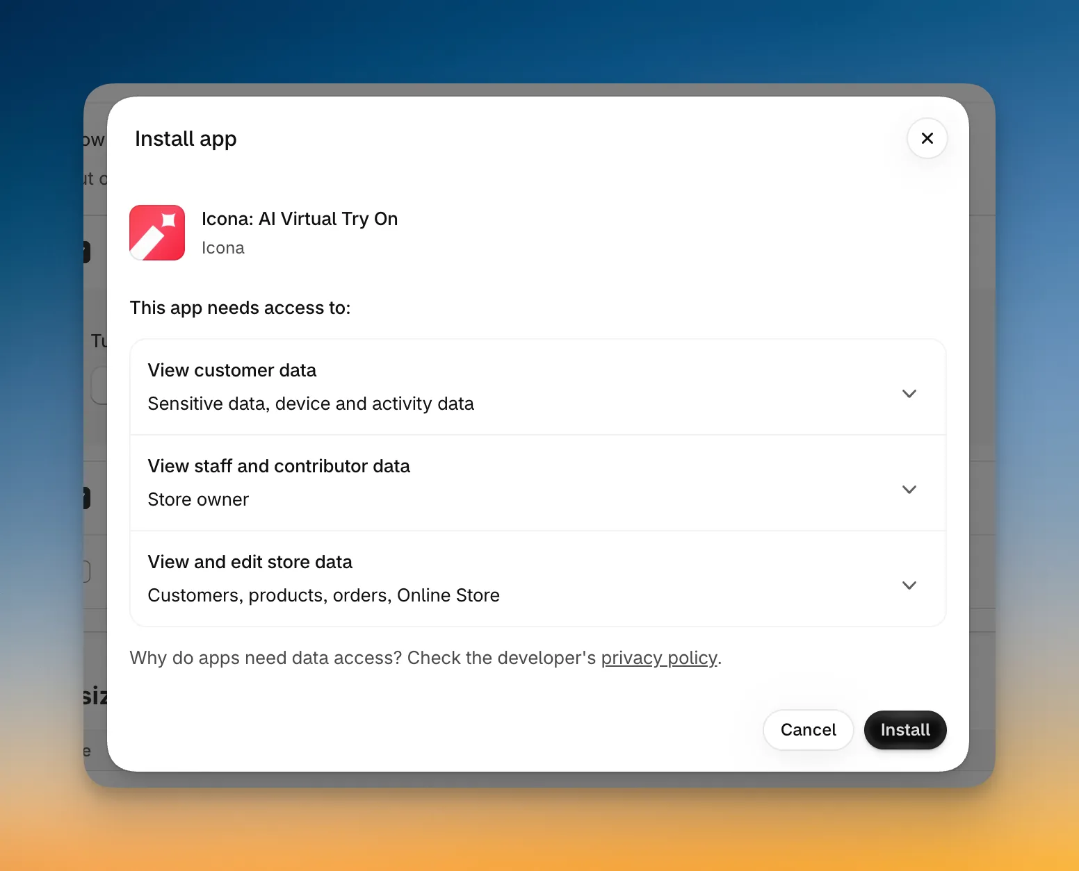 Shopify Install app dialog for Icona: AI Virtual Try On, listing the customer, staff, and store data the app needs access to