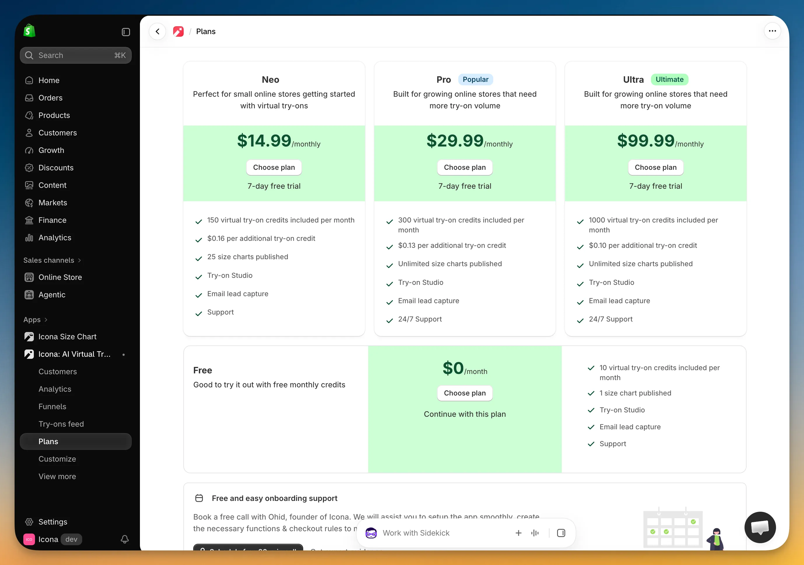 Plans page in the Icona app, showing the Neo, Pro, Ultra, and Free plans, each with a Choose plan button
