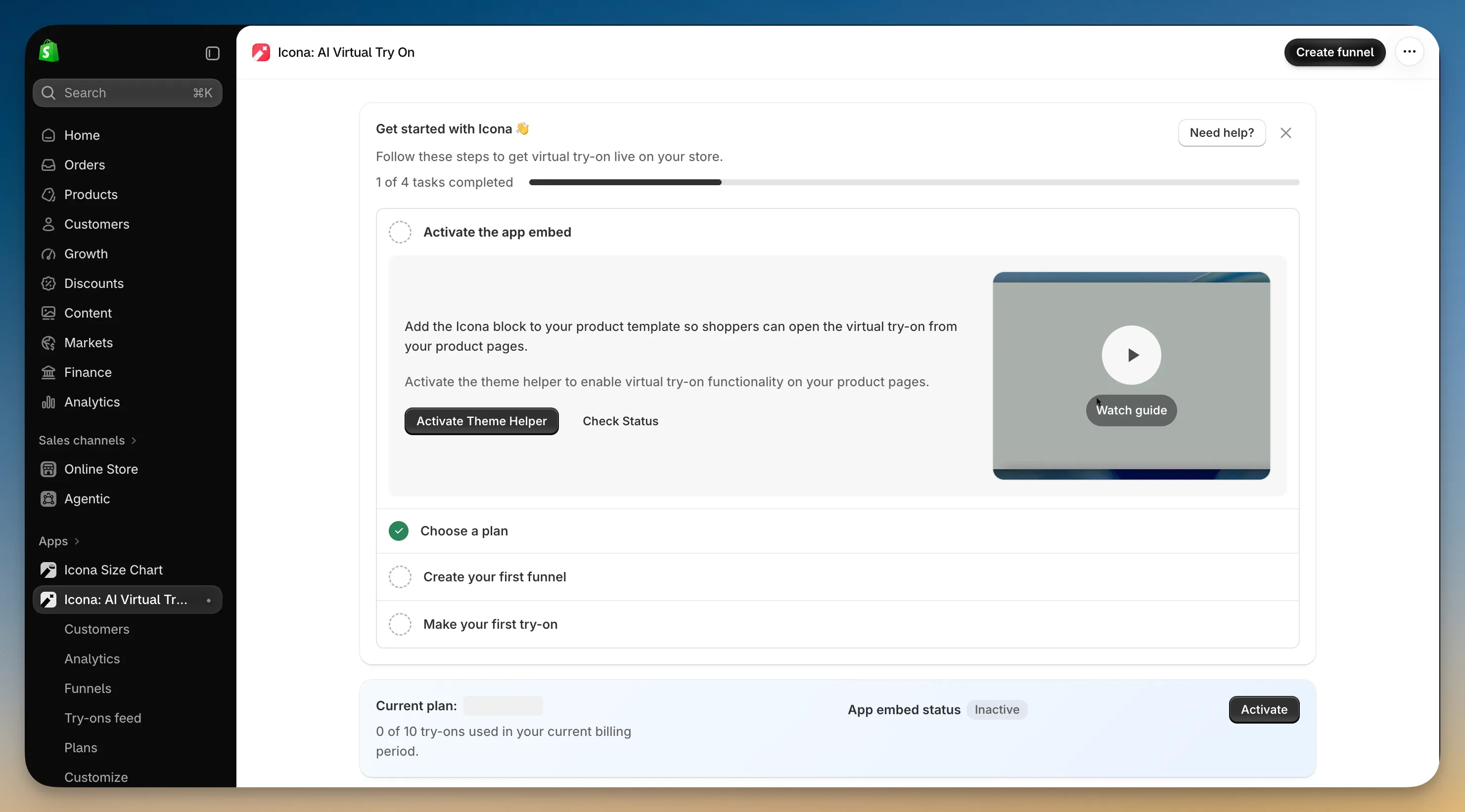 Get started with Icona setup guide on the Icona home page, showing the four setup tasks with Activate the app embed expanded