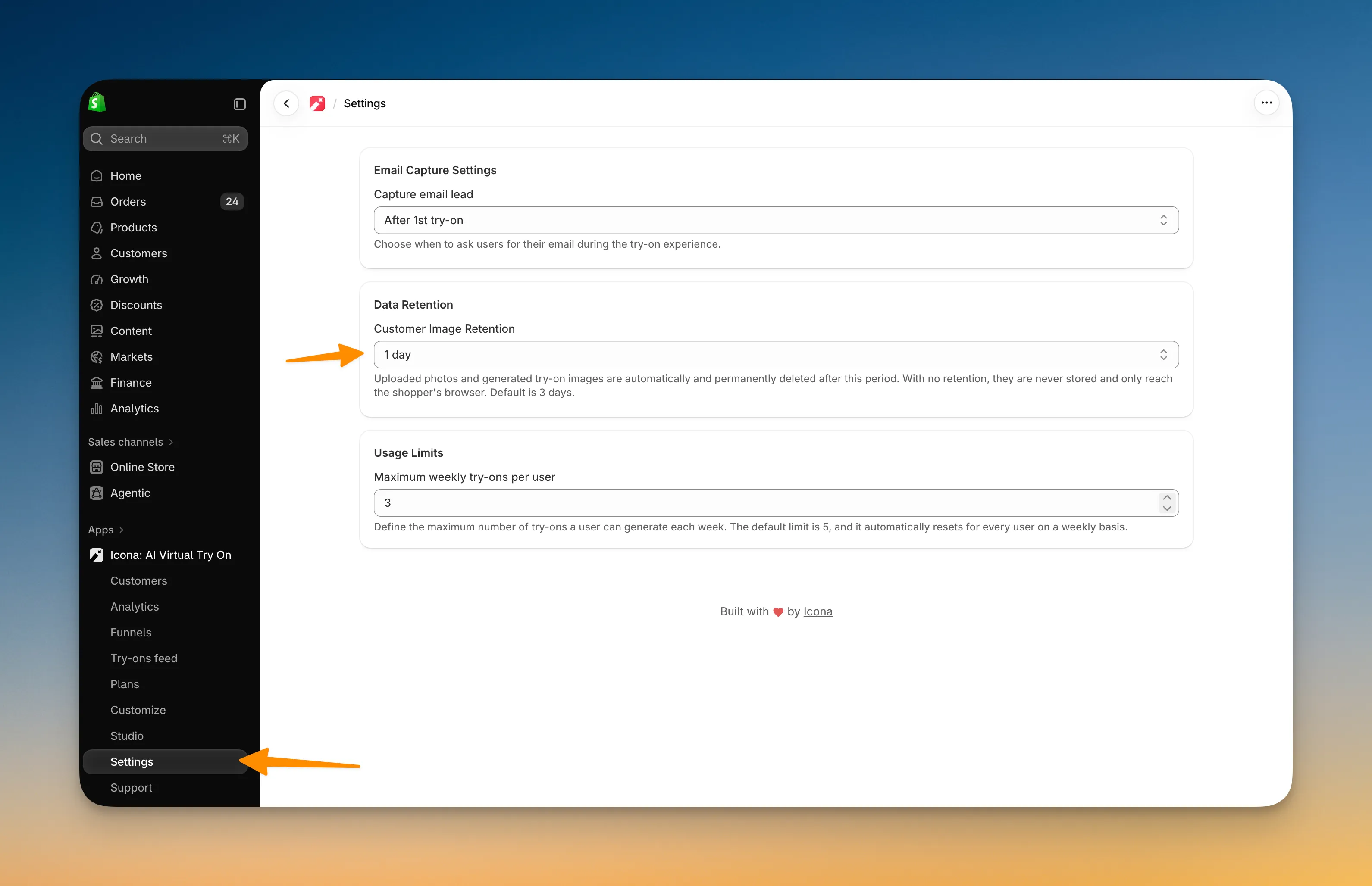Icona Settings page in the Shopify admin, with the Customer Image Retention dropdown in the Data Retention section set to 1 day
