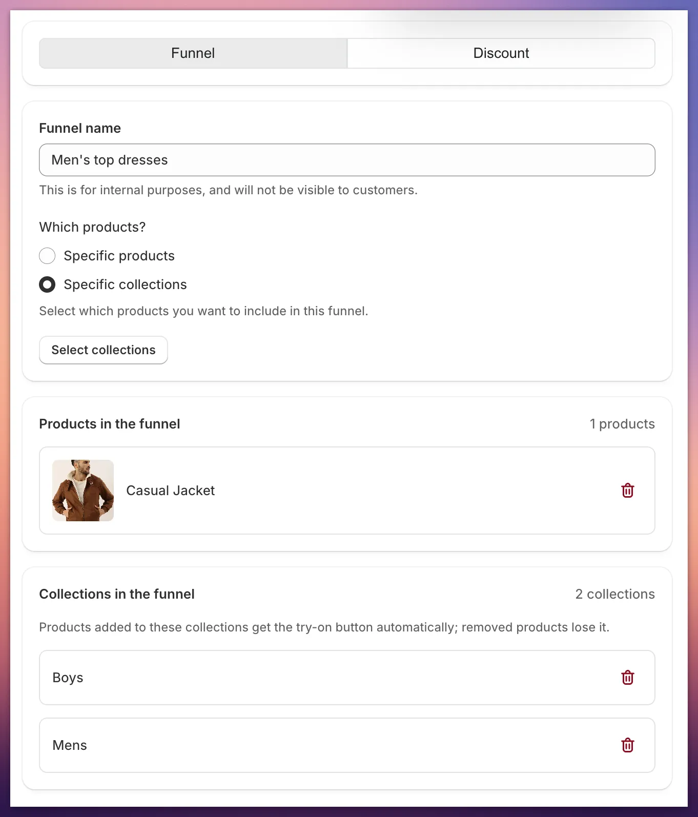 Funnel tab in the Icona app, with Specific collections selected under Which products, one product in the Products in the funnel list, and two collections in the Collections in the funnel list