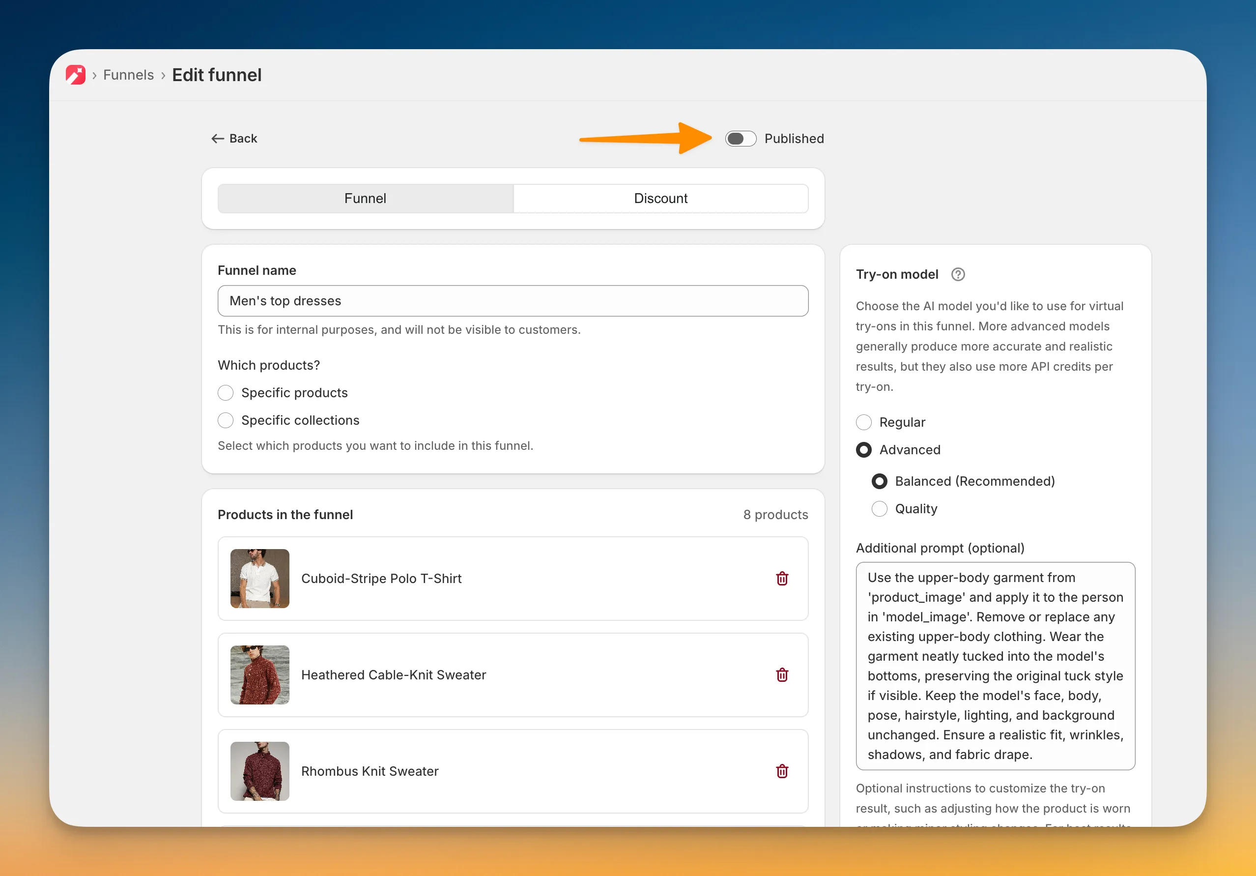Edit funnel page in the Icona app, with the Published switch at the top turned off